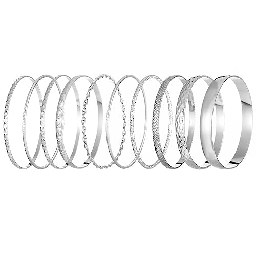 Cubahop 10PCS Layered Vintage Wide Face Armreif Armbänder Glatte Stapelbare Hand Schmuck für Frauen und Mädchen (Silber) von Cubahop