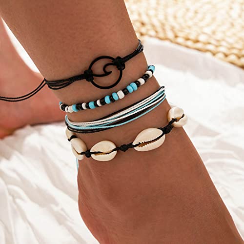 Cubahop 4 Stück geschichtete Strand-Fußkettchen, Seil, Muschel, blaue Perlen, Fußkettchen, Wellen, Sommerfuß-Accessoires, Schmuck für Frauen und Mädchen von Cubahop