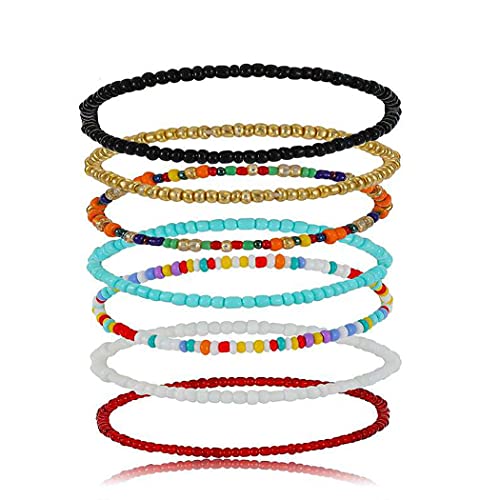 Cubahop 7 Stück geschichtete Boho-Fußkettchen, handgefertigte Rocailles-Perlen-Armbänder, Sommerfuß-Accessoires, Schmuck für Damen und Mädchen von Cubahop