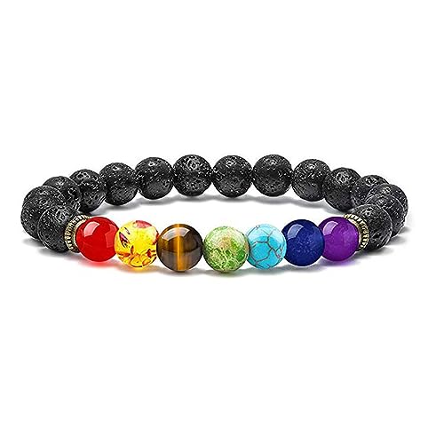 Cubahop 8mm Lava Rock 7 Chakren Aromatherapie Ätherisches Öl Diffuser Armband Geflochtenes Seil Naturstein Yoga Perlen Armband Armreif für Frauen und Männer (Vulkan) von Cubahop