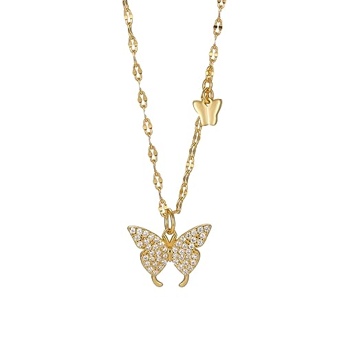 Cubahop Doppelschicht Schmetterling Anhänger Strass Choker Halsketten Kragen Halskette Kette Schmuck für Frauen und Mädchen (Gold) von Cubahop