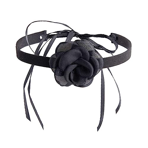 Cubahop Französisch Abendessen Schwarze Blume Choker Halsketten Übertriebene Beflockung Stoff Kragen Halskette Schmuck für Frauen und Mädchen (Schwarz 1) von Cubahop