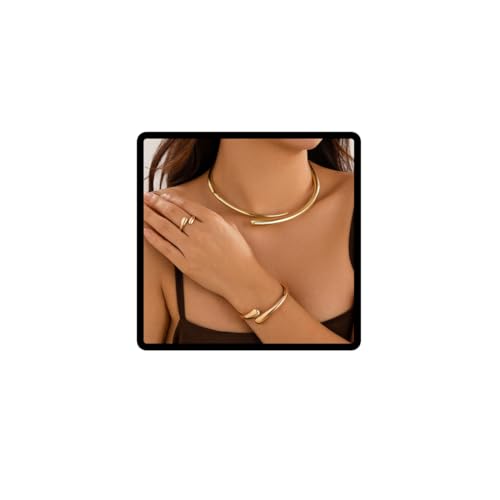 Cubahop Geometrische Metall Choker Halsketten Armreifringe Set Glatte Halskette Kette Schmuck Einstellbar für Frauen (Golden) von Cubahop