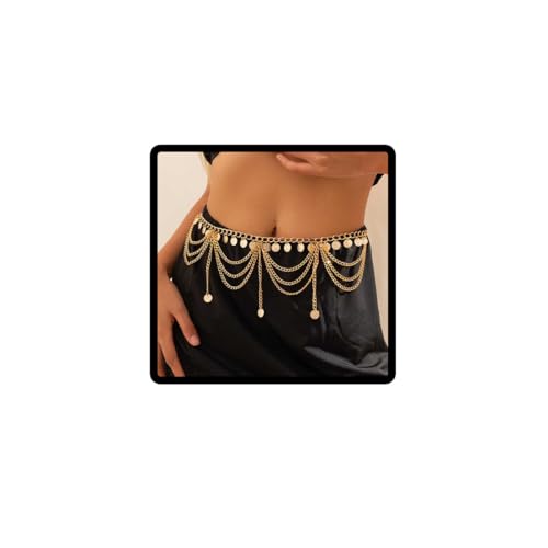 Cubahop Gold Bauchkette Mehrlagige Kette Gürtel Quaste Liebe Kleine Glocke Pailletten Perle Anhänger Taille Schmuck Kleid Bikini Körper Kette für Frauen (Golden-C) von Cubahop