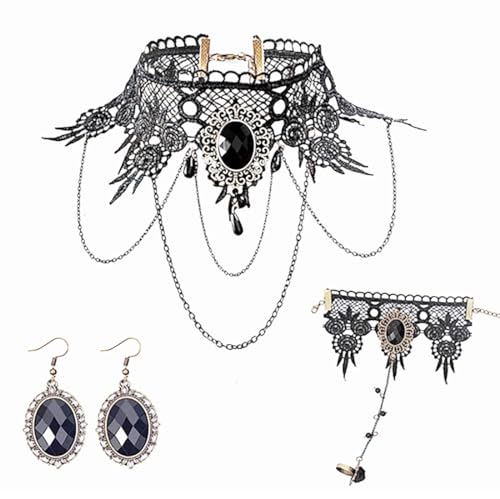 Cubahop Halloween schwarze Spitze Choker Halsketten Armband Ohrringe Set Gothic Genstone Kragen Schmuck für Frauen und Mädchen von Cubahop