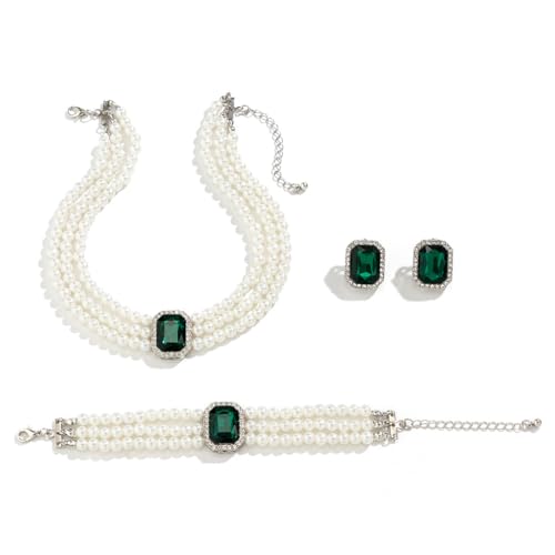 Cubahop Hochzeit Braut Perle Edelstein Halskette Armbänder und Ohrring Set Kristall Halskette Party Hochzeit Schmuck Sets für Frauen und Mädchen (Grün) von Cubahop