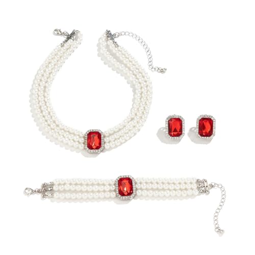 Cubahop Hochzeit Braut Perle Edelstein Halskette Armbänder und Ohrring Set Kristall Halskette Party Hochzeit Schmuck Sets für Frauen und Mädchen (Rot) von Cubahop