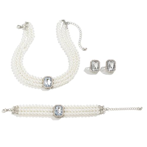 Cubahop Hochzeit Braut Perle Edelstein Halskette Armbänder und Ohrring Set Kristall Halskette Party Hochzeit Schmuck Sets für Frauen und Mädchen (Silber) von Cubahop