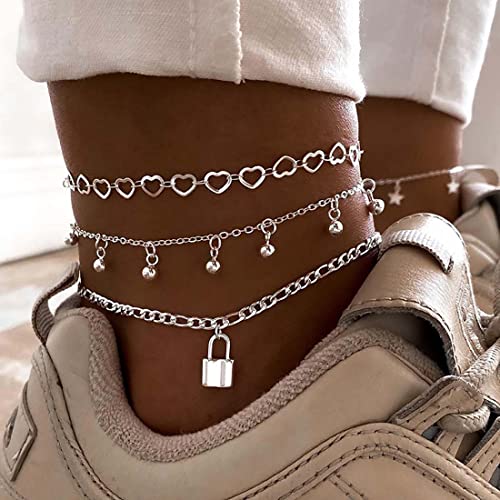 Cubahop Layered Beach Heart Love Fußkettchen Silber Lock Knöchel Armbänder Sommer Fuß Accessoires Schmuck für Frauen und Mädchen von Cubahop