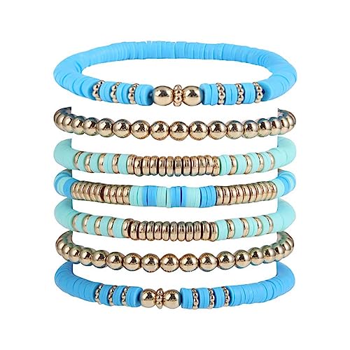 Cubahop Layered Boho Armbänder Bunte Preppy Armbänder Perlen Ästhetische Handgemachte Charm Stretch Armband Netter Sommer Strand Schmuck Einstellbar für Frauen Teen Girls (Blau) von Cubahop