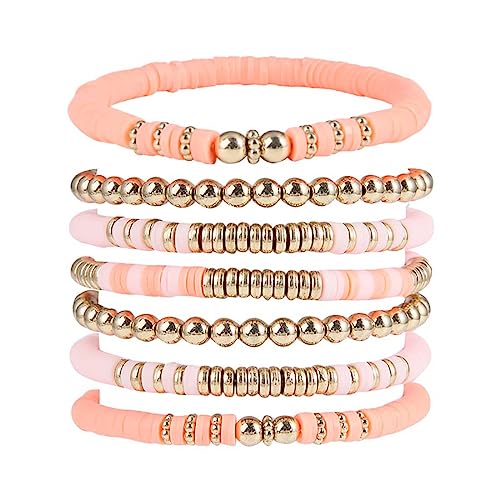 Cubahop Layered Boho Armbänder Bunte Preppy Armbänder Perlen Ästhetische Handgemachte Charm Stretch Armband Netter Sommer Strand Schmuck Einstellbar für Frauen Teen Girls (Rosa) von Cubahop