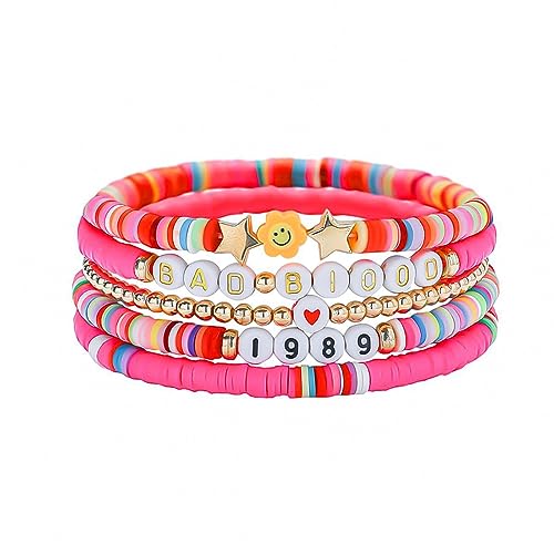 Cubahop Layered Boho Armbänder Bunte Preppy Armbänder Perlen Ästhetische Handgemachte Liebesbrief Stretch Armband Netter Sommer Strand Schmuck Einstellbar für Frauen Teen Girls (1989) von Cubahop