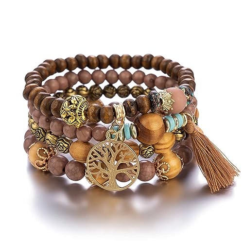 Cubahop Mehrschichtige Quaste Holzperle Stapelbare Bunte Armband Fantasy Armbänder Baum des Lebens Bunte elastische Hand Zubehör für Frauen und Mädchen (Kaffee) von Cubahop