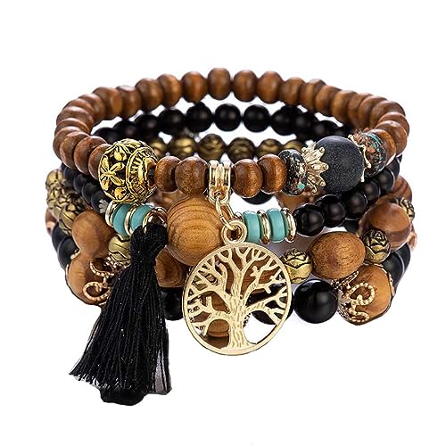 Cubahop Mehrschichtige Quaste Holzperle Stapelbare Bunte Armband Fantasy Armbänder Baum des Lebens Bunte elastische Hand Zubehör für Frauen und Mädchen (Schwarz) von Cubahop