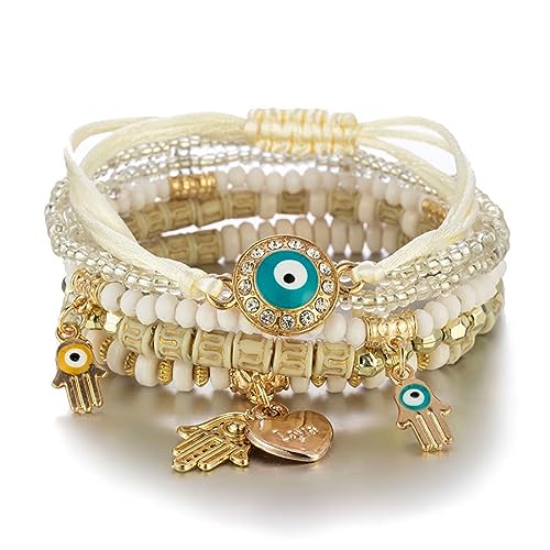 Cubahop Multilayer Hamsa Bead Stapelbar Bunte Liebe Armband Fantasy Elastische Armbänder Bunte Hand Zubehör für Frauen und Mädchen (Elfenbein) von Cubahop