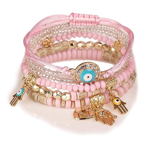 Cubahop Multilayer Hamsa Bead Stapelbar Bunte Liebe Armband Fantasy Elastische Armbänder Bunte Hand Zubehör für Frauen und Mädchen (Pink) von Cubahop