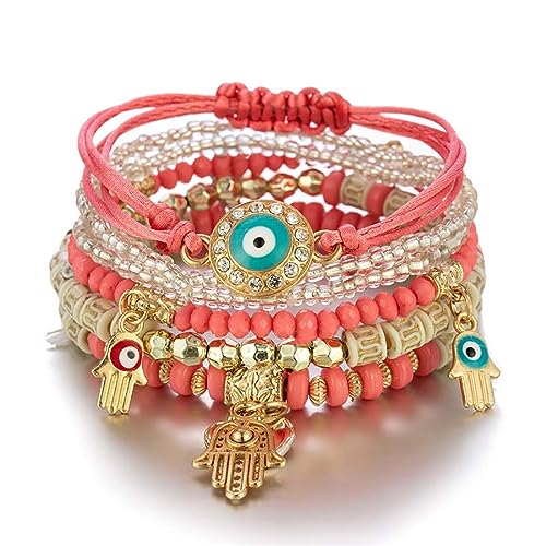 Cubahop Multilayer Hamsa Bead Stapelbar Bunte Liebe Armband Fantasy Elastische Armbänder Bunte Hand Zubehör für Frauen und Mädchen (Rot 2) von Cubahop