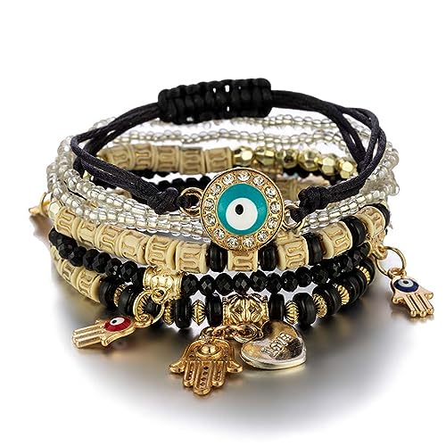 Cubahop Multilayer Hamsa Bead Stapelbar Bunte Liebe Armband Fantasy Elastische Armbänder Bunte Hand Zubehör für Frauen und Mädchen (Schwarz) von Cubahop