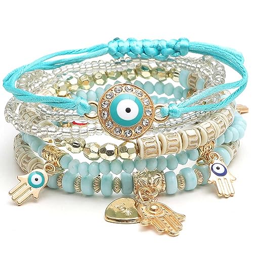 Cubahop Multilayer Hamsa Bead Stapelbar Bunte Liebe Armband Fantasy Elastische Armbänder Bunte Hand Zubehör für Frauen und Mädchen (See blau) von Cubahop
