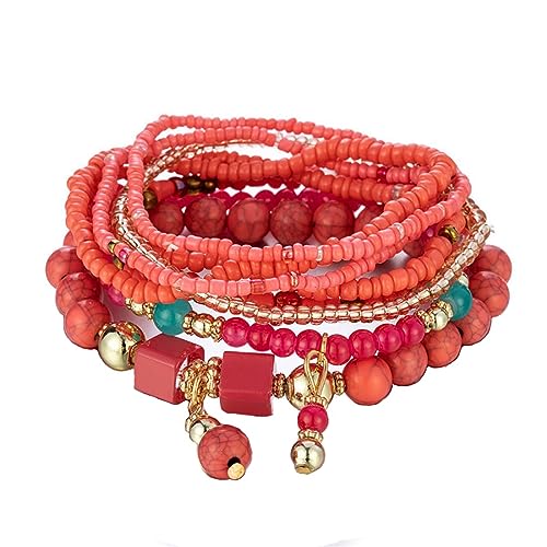 Cubahop Multilayer Türkis Bead Stapelbare Bunte Armband Fantasy Armbänder Handgemachte Elastische Hand Zubehör für Frauen und Mädchen (Rot) von Cubahop