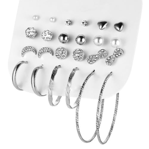 Cubahop Multiple Crystal Pearl Studs Hoop Ohrringe Set Ohrring Kreis Liebe Halbmond Ohrringe Pack Piercings für Frauen Mädchen (Silber) von Cubahop