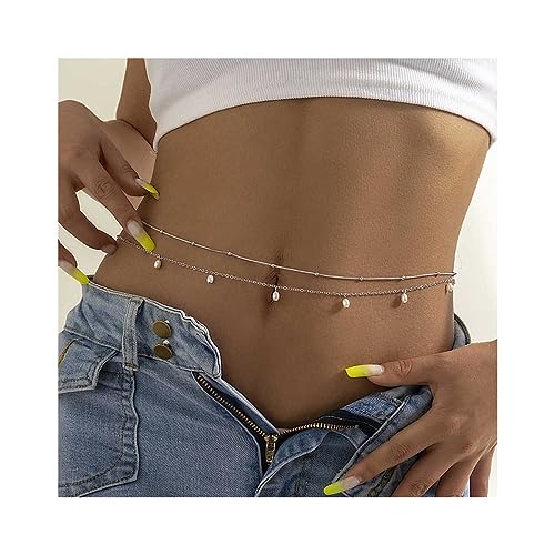Cubahop Quaste Double Pearl Taille Bauch Kette Körper Kette Schmuck Zubehör für Frauen und Mädchen (Silber) von Cubahop