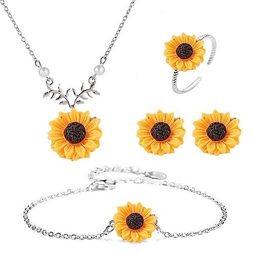 Cubahop Sonnenblume Anhänger Halsketten Armbänder Ohrringe Ringe Set Silberschmuck für Frauen und Mädchen von Cubahop