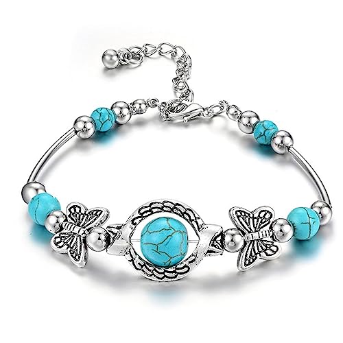 Cubahop Vintage Silber Blau Türkis Schmetterling Schildkröte Evil Eye Armbänder Hand Schmuck für Frauen und Mädchen (Schmetterling) von Cubahop