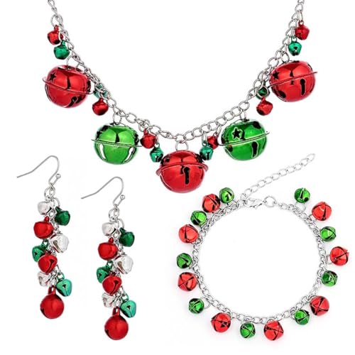 Cubahop Weihnachten Silber Xmas Halskette Ohrringe Armband Set Jingle Bell Halskette Red Green Ohrringe Armbänder Weihnachts Ohrringe Perlen Weihnachtsgeschenke für Frauen, Taglia unica, Metall, Kein von Cubahop