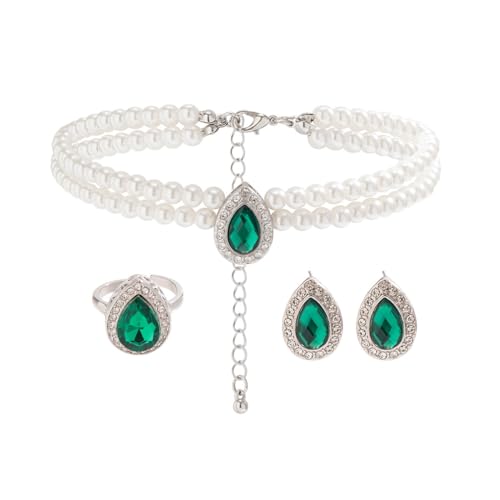 Danshinbow Hochzeit Braut Perle Grün Halskette Ringe & Ohrringe Set Kristall Halskette Partei Hochzeit Schmuck Set für Frauen und Mädchen, Taglia unica, Metall, Kein Edelstein von Cubahop