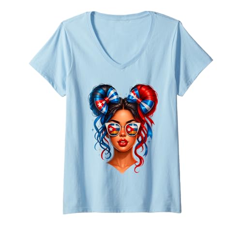 Damen Kubanische Frauen Messy Bun Kuba Flagge Hispanic Heritage Monat T-Shirt mit V-Ausschnitt Damen Kubanische Frauen Messy Bun Kuba Flagge Hispanic Heritage Monat T-Shirt mit V-Ausschnitt von Cuban Cuba Flag Latina Apparel For Girl Women kids