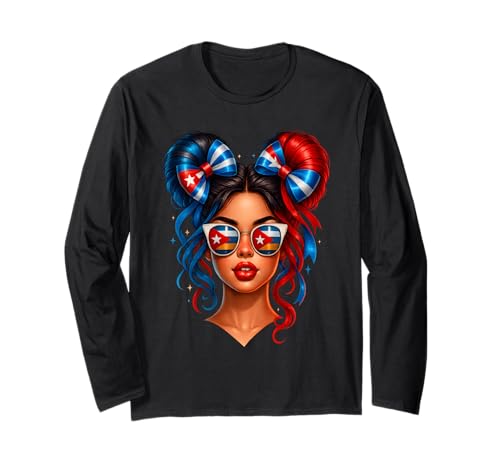 Kubanische Frauen Messy Bun Kuba Flagge Hispanic Heritage Monat Langarmshirt Kubanische Frauen Messy Bun Kuba Flagge Hispanic Heritage Monat Langarmshirt von Cuban Cuba Flag Latina Apparel For Girl Women kids