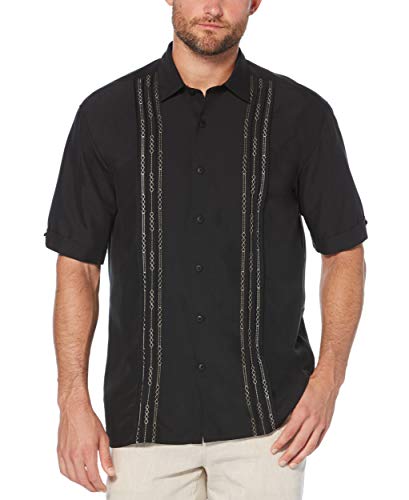 Cubavera Herren Cuban Camp Bestickt Kurzarm spitzem Kragen Button-Down-Shirt, Tiefschwarz mit Geo-Nähten, XL von Cubavera