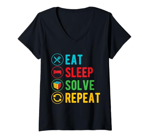 Damen Eat Sleep Solve Puzzle Cube Repeat Cuber Speed Cubing 3x3 T-Shirt mit V-Ausschnitt von Cube Puzzle Vintage Toy 3x3 Speed Cubing Apparel