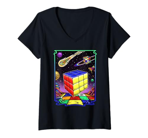 Damen Puzzlewürfel Speed Cubing T-Shirt mit V-Ausschnitt von Cube's Magic
