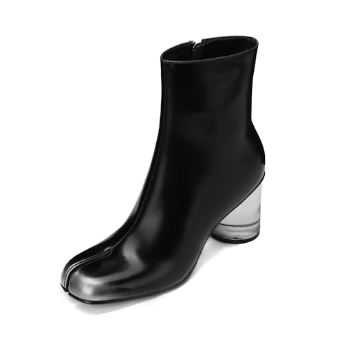Cuctos Damen Stiefeletten mit geteiltem Zehenbereich, durchsichtig, Blockabsatz, klobig, hohe Absätze, Tabi-Stiefel, Reißverschluss, seitliche kurze Stiefel, Schwarz, 39.5 EU von Cuctos