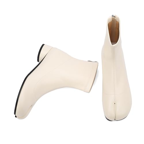Cuctos Tabi Boots Split Toe Stiefeletten für Frauen Japanische Ninja Schuhe Niedriger Absatz Blockabsatz Booties Kunstleder Stiefel, Beige, 43 EU von Cuctos