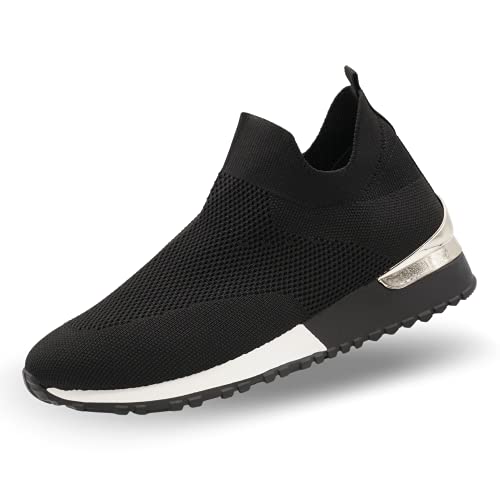 CucuFashion Slip On Sneaker Damen – Bequeme Socken Turnschuhe Damen, Niedriger Keilabsatz Sneakers, Damen Slip On Sneakers, Strick-Turnschuhe Frauen – schwarz/weiß - Größe 36 EU von CucuFashion