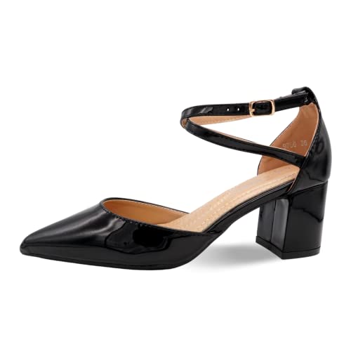 Pumps Damen Schwarz Blockabsatz - High Heels Blockabsatz Schwarz, High Heels Blockabsatz Riemen, High Heels Damen Blockabsatz, Riemchenpumps Damen, Absatzschuhe Damen - Schwarz EU Größe 37 von CucuFashion