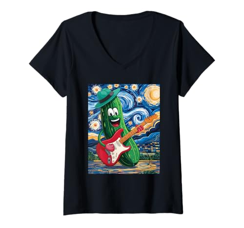 Damen Sternennacht-Gurke T-Shirt mit V-Ausschnitt Damen Sternennacht-Gurke T-Shirt mit V-Ausschnitt von Cucumber Guitar