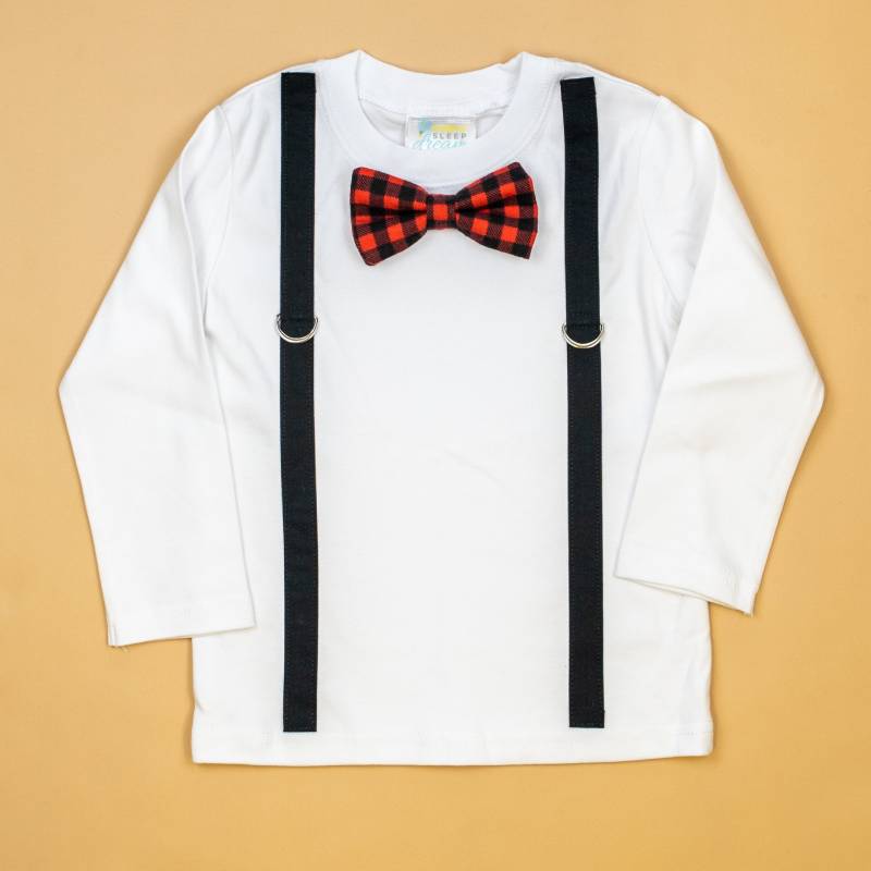 Kleinkind Junge Buffalo Karierte Fliege Und Hosenträger. Weihnachtskrawatte. Krawatte Straps Shirt. Weihnachtsbild Outfit. Büffel Karo von CuddleSleepDream