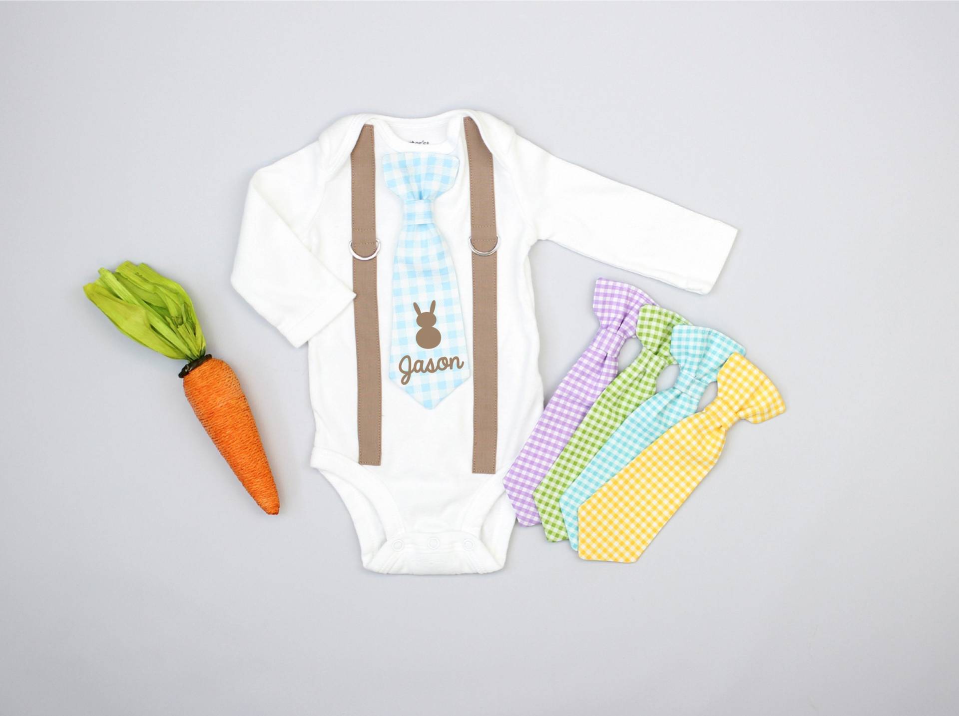 Personalisierte Baby Jungen Ostern Outfit. Hasenkrawatte Mit Namen. Neugeborenen Kleidung. Personalisiertes Osterhemd. Gingham Bunny Krawatte & von CuddleSleepDream