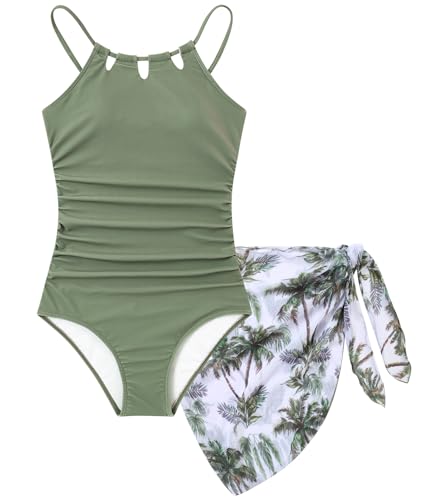 Cuddomper Einteiliger Badeanzug für Mädchen, mit Netzbezug, verstellbare Träger, ausgeschnittene Bademode, Größe 7–16, Grün , 13-14 Jahre von Cuddomper