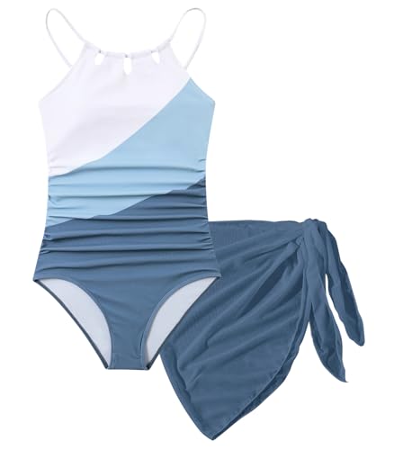 Cuddomper Einteiliger Badeanzug für Mädchen, mit Netzbezug, verstellbare Träger, ausgeschnittene Bademode, Größe 7–16, Hell, blau, 13-14 Jahre von Cuddomper