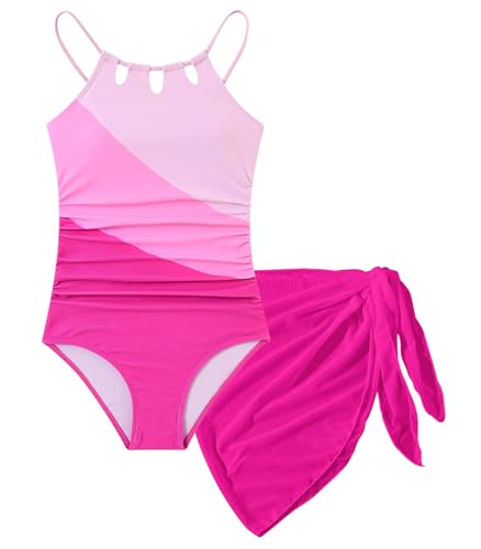 Cuddomper Einteiliger Badeanzug für Mädchen, mit Netzbezug, verstellbare Träger, ausgeschnittene Bademode, Größe 7–16, Knallpink (Hot Pink), 15-16 Jahre von Cuddomper