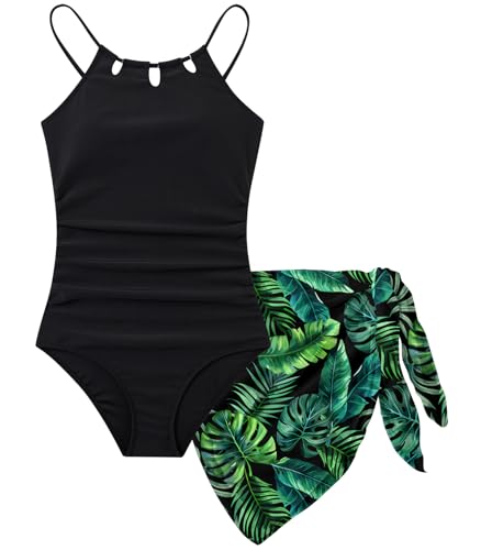 Cuddomper Einteiliger Badeanzug für Mädchen, mit Netzbezug, verstellbare Träger, ausgeschnittene Bademode, Größe 7–16, grün / schwarz, 13-14 Jahre von Cuddomper