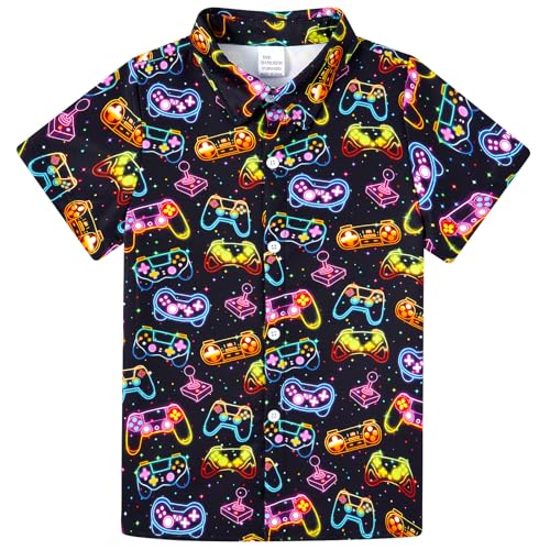 Cuddomper Jungen-Cartoon-Shirt, Button-Down-Shirt, cooles kurzärmeliges Freizeithemd, Kindergeschenk, Kleidung (5–10 Jahre), A-gamepad03, 9-10 Jahre von Cuddomper