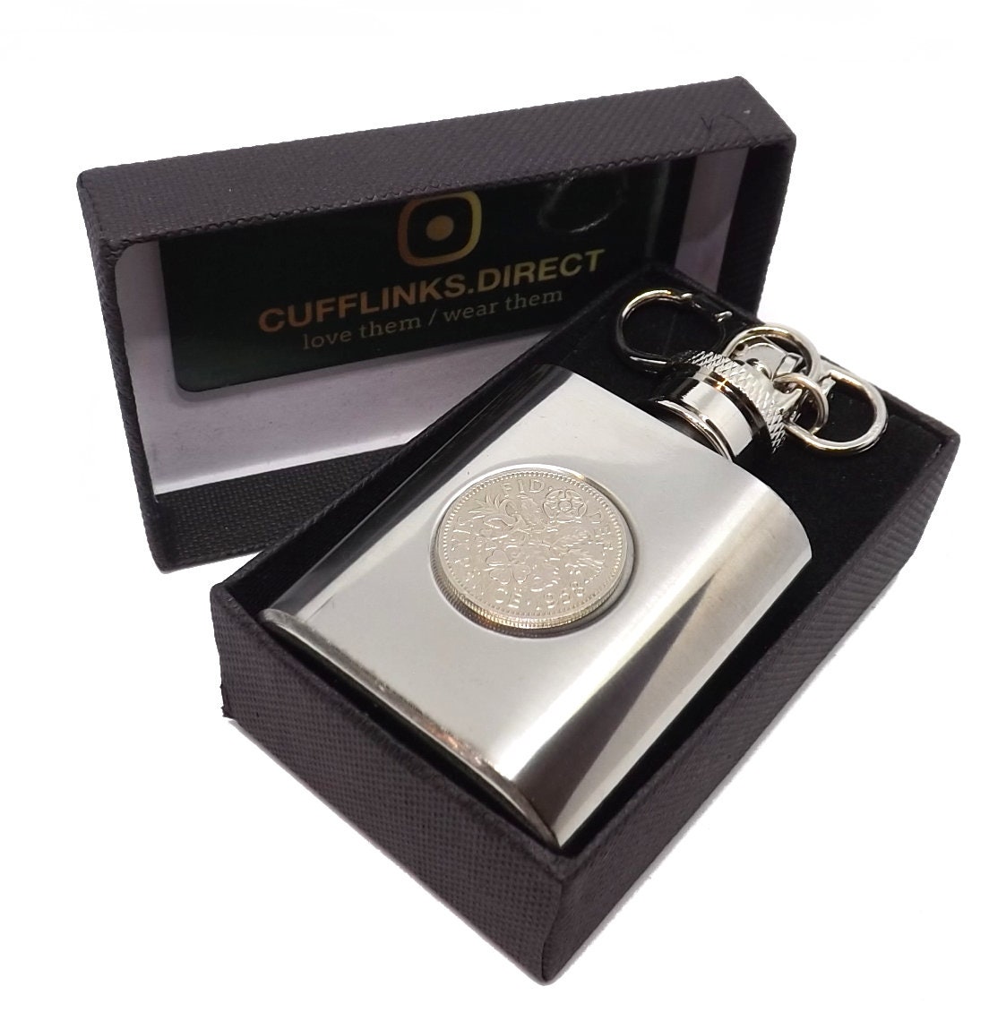 1958 Silber Schlüsselanhänger Sixpence Münze Hüftkolben Geburt Jahr Geschenk Mini Hipflask Mens 60. Geburtstag Manschette Link Jahrestag von CufflinksDotDirect