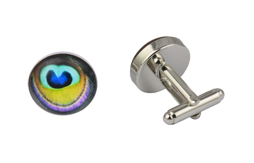 Pfau Manschettenknöpfe Silber Gemustert Bunt Vogel Feder Hochzeit Abschlussball Schwarze Krawatte Geschenk Schmuck Accessoires Männer Frauen von CufflinksGiftHub