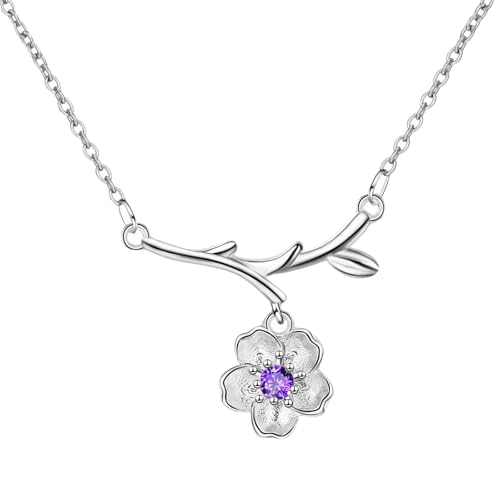 Cuicany Halskette mit Kirschblüten-Anhänger, Kirschblüten Halskette, mit Lila Kristallen, Sakura-Blumen-Anhänger, Zweigblatt, Kristall Zirkon Blume Kette, 45CM Kettenlänge für Damen Mädchen von Cuicany